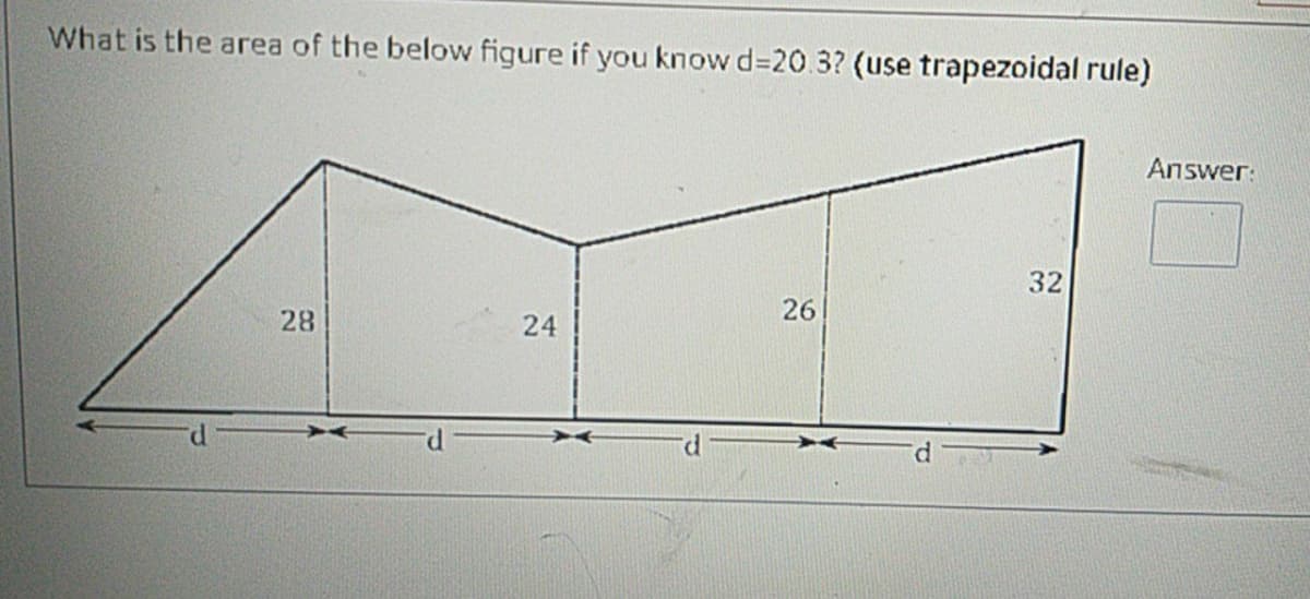 What is the area of the below figure if you know d=20.3? (use trapezoidal rule)
Answer:
32
26
28
24
