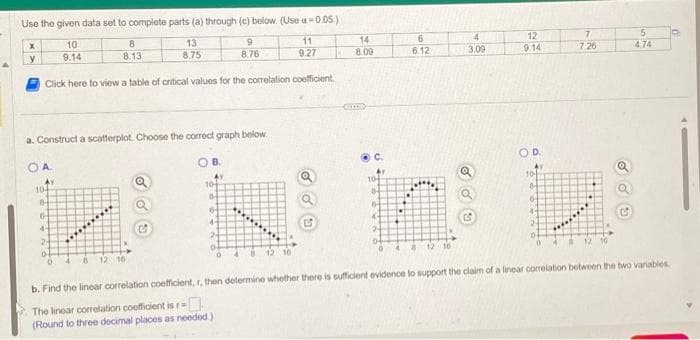 Use the given data set to complete parts (a) through (c) below. (Use a-0.05.)
10
9.14
Click here to view a table of critical values for the correlation coefficient.
X
y
104
8-
6
4-
24
8
8.13
a. Construct a scatterplot. Choose the correct graph below.
OA.
AY
*****
13
8.75
B.
Ay
104
0
64
4-
24
0
9
8.76
0
**************
12 10
11
9.27
8 9
14
8.09
C.
104
B
6
4-
2
D
6
6.12
48 12 16
4
3.09
12
9.14
OD.
104
0
6
4:
2
*****
7
7.26
Q
5
4.74
19:
b. Find the linear correlation coefficient, r, then determine whether there is sufficient evidence to support the claim of a linear correlation between the two variables.
The linear correlation coefficient is r=
(Round to three decimal places as needed.).