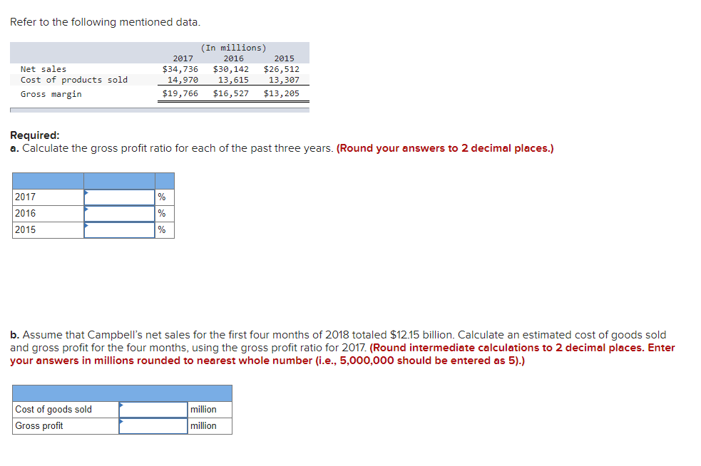 Refer to the following mentioned data.
(In millions)
2015
$26,512
13,307
2017
2016
$34,736
14,970
Net sales
$30,142
Cost of products sold
13,615
Gross margin
$19,766
$16,527
$13, 205
Required:
a. Calculate the gross profit ratio for each of the past three years. (Round your answers to 2 decimal places.)
2017
2016
2015
b. Assume that Campbell's net sales for the first four months of 2018 totaled $12.15 billion. Calculate an estimated cost of goods sold
and gross profit for the four months, using the gross profit ratio for 2017. (Round intermediate calculations to 2 decimal places. Enter
your answers in millions rounded to nearest whole number (i.e.., 5,000,000 should be entered as 5).)
Cost of goods sold
million
Gross profit
million
