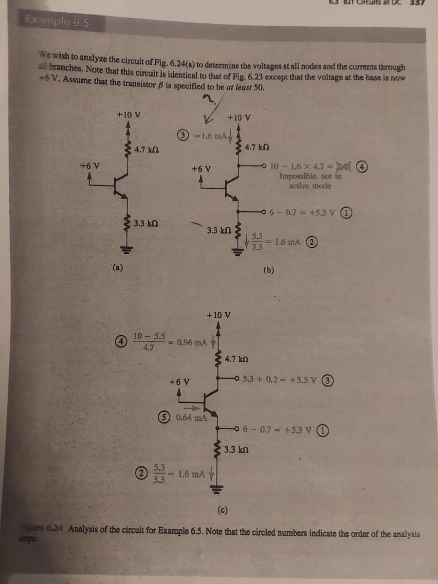 Example 6.5
We wish to analyze the circuit of Fig. 6.24(a) to determine the voltages at all nodes and the currents through
all branches. Note that this circuit is identical to that of Fig. 6.23 except that the voltage at the base is now
-6 V. Assume that the transistor ß is specified to be at least 50.
+6 V
+10 V
(a)
4.7 k
• 3.3 ΚΩ
10 - 5.5
4.7
5.3
3.3
31.6 mA
MA
+6 V
+6 V
= 0.96 mA
+10 V
(5) 0.64 mA
= 1.6 mA
3.3 ΚΩ
+ 10 V
4.7 ΚΩ
4.7 ΚΩ
5.3
3.3
10-1.6 x 4.724
Impossible, not in
active mode
-06-0.7 +5.3 V (1)
6.3 BJT Circuits at DC 337
= 1.6 mA (2)
(b)
5.3 + 0.2= +5.5 V (3)
-06-0.7 +5.3 V
3.3 ΚΩ
Figure 6.24 Analysis of the circuit for Example 6.5. Note that the circled numbers indicate the order of the analysis
steps.