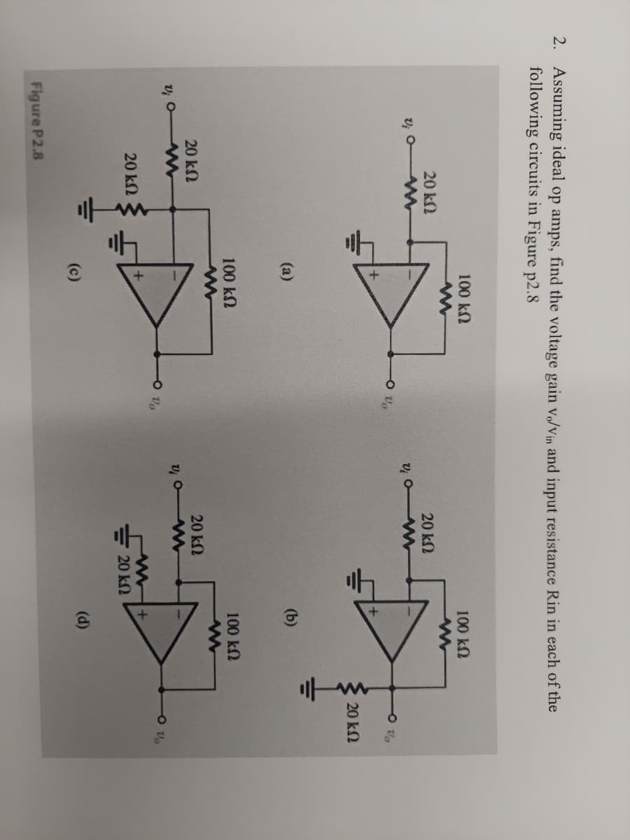 **Problem 2: Operational Amplifier Circuits Analysis**

Assuming ideal operational amplifiers (op amps), find the voltage gain \( \frac{v_0}{v_{in}} \) and input resistance \( R_{in} \) in each of the following circuits in Figure P2.8.

**Figure P2.8: Operational Amplifier Circuits**
- **(a)** The circuit features an inverting configuration: 
  - The non-inverting input (+) is grounded.
  - The inverting input (-) is connected via a 20 kΩ resistor to the input voltage \( v_{in} \).
  - A feedback resistor of 100 kΩ is connected from the output \( v_0 \) to the inverting input (-).

- **(b)** This circuit is a non-inverting configuration:
  - The non-inverting input (+) is connected to the input voltage \( v_{in} \) via a 20 kΩ resistor.
  - The inverting input (-) is grounded through the same 20 kΩ resistor.
  - A feedback resistor of 100 kΩ is connected from the output \( v_0 \) to the inverting input (-).

- **(c)** This represents another inverting amplifier setup:
  - The non-inverting input (+) is grounded.
  - The input voltage \( v_{in} \) is connected to the inverting input (-) via a 20 kΩ resistor.
  - There is a feedback resistor of 100 kΩ from the output \( v_0 \) to the inverting input (-).
  - An additional 20 kΩ resistor is connected from the + power supply to the inverting input (-).

- **(d)** This circuit illustrates a non-inverting amplifier configuration:
  - The input voltage \( v_{in} \) is connected directly to the non-inverting (+) input.
  - A 20 kΩ resistor is connected from the inverting input (-) to the ground.
  - A feedback resistor of 100 kΩ is connected from the output \( v_0 \) to the inverting input (-).
  - Another 20 kΩ resistor is connected from the + power supply to the inverting input (-).

**Task:**
Analyze each circuit given the ideal op-amp conditions, determining the voltage gain \( \frac{v_0}{v_{in}} \) and input resistance