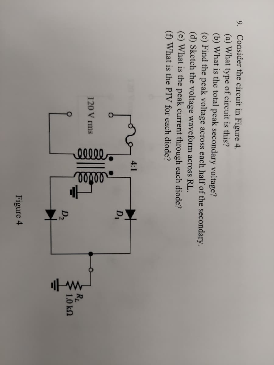 9. Consider the circuit in Figure 4.
(a) What type of circuit is this?
(b) What is the total peak secondary voltage?
(c) Find the peak voltage across each half of the secondary.
(d) Sketch the voltage waveform across RL.
(e) What is the peak current through each diode?
(f) What is the PIV for each diode?
4:1
➜
бого
D₁
120 V rms
00000
ellee
D₂
Figure 4
www.li
RL
1.0 ΚΩ