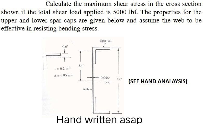 Calculate the maximum shear stress in the cross section
shown if the total shear load applied is 5000 lbf. The properties for the
upper and lower spar caps are given below and assume the web to be
effective in resisting bending stress.
0.6"
1 = 0.2 in 4
A = 0.95 in ²
5.4"
web
Spar cap
0.056"
ΝΑ
12"
(SEE HAND ANALAYSIS)
Hand written asap