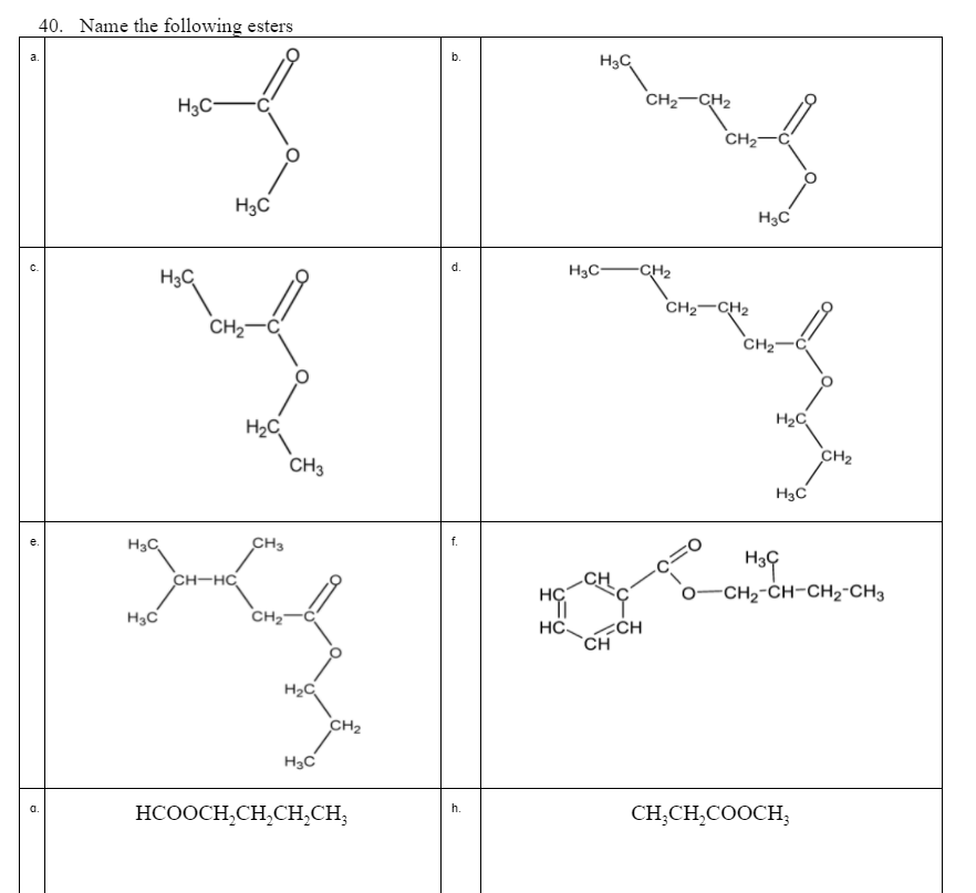 40. Name the following esters
b.
H3C
a.
H3C-
CH2-CH2
CH2-
H3C
H3C
d.
H3C
H3C-
-CH2
CH2-CH2
CH2-
CH2-
H2C
H2C
CH2
CH3
H3C
H3C
CH3
f.
CH-HC
HÇ
CH2-CH-CH2-CH3
H3C
CH2-
`CH
H2C
CH2
H3C
h.
HCOOCH,CH,CH,CH;
CH,CH,COOCH;
