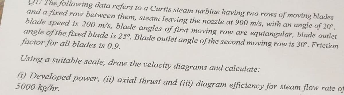 The following data refers to a Curtis steam turbine having two rows of moving blades
and a fixed row between them, steam leaving the nozzle at 900 m/s, with an angle of 20°,
blade speed is 200 m/s, blade angles of first moving row are equiangular, blade outlet
angle of the fixed blade is 25°. Blade outlet angle of the second moving row is 30°. Friction
factor for all blades is 0.9.
Using a suitable scale, draw the velocity diagrams and calculate:
(i) Developed power, (ii) axial thrust and (iii) diagram efficiency for steam flow rate of
5000 kg/hr.
