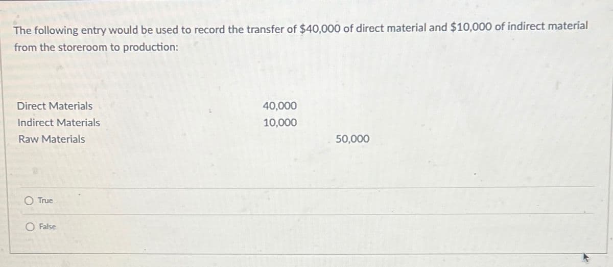 The following entry would be used to record the transfer of $40,000 of direct material and $10,000 of indirect material
from the storeroom to production:
Direct Materials
Indirect Materials
Raw Materials
O True
False
40,000
10,000
50,000