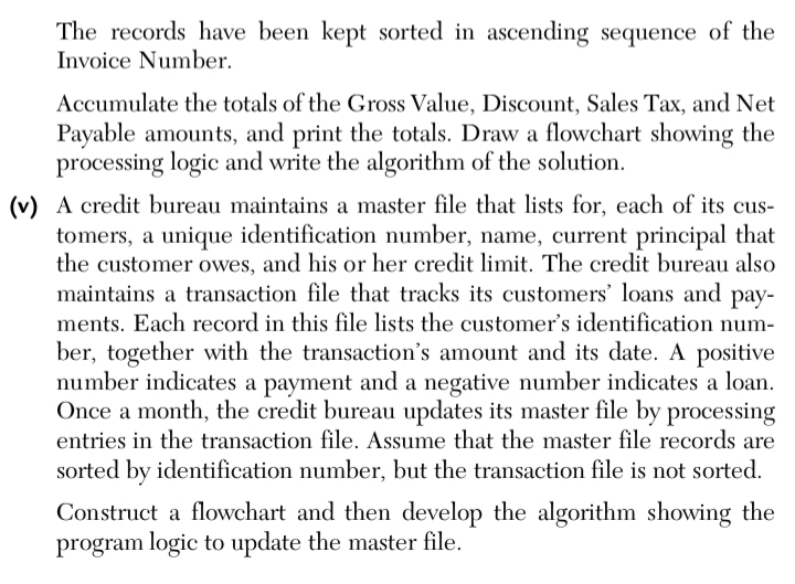 The records have been kept sorted in ascending sequence of the
Invoice Number.
Accumulate the totals of the Gross Value, Discount, Sales Tax, and Net
Payable amounts, and print the totals. Draw a flowchart showing the
processing logic and write the algorithm of the solution.
(v) A credit bureau maintains a master file that lists for, each of its cus-
tomers, a unique identification number, name, current principal that
the customer owes, and his or her credit limit. The credit bureau also
maintains a transaction file that tracks its customers' loans and pay-
ments. Each record in this file lists the customer's identification num-
ber, together with the transaction's amount and its date. A positive
number indicates a payment and a negative number indicates a loan.
Once a month, the credit bureau updates its master file by processing
entries in the transaction file. Assume that the master file records are
sorted by identification number, but the transaction file is not sorted.
Construct a flowchart and then develop the algorithm showing the
program logic to update the master file.
