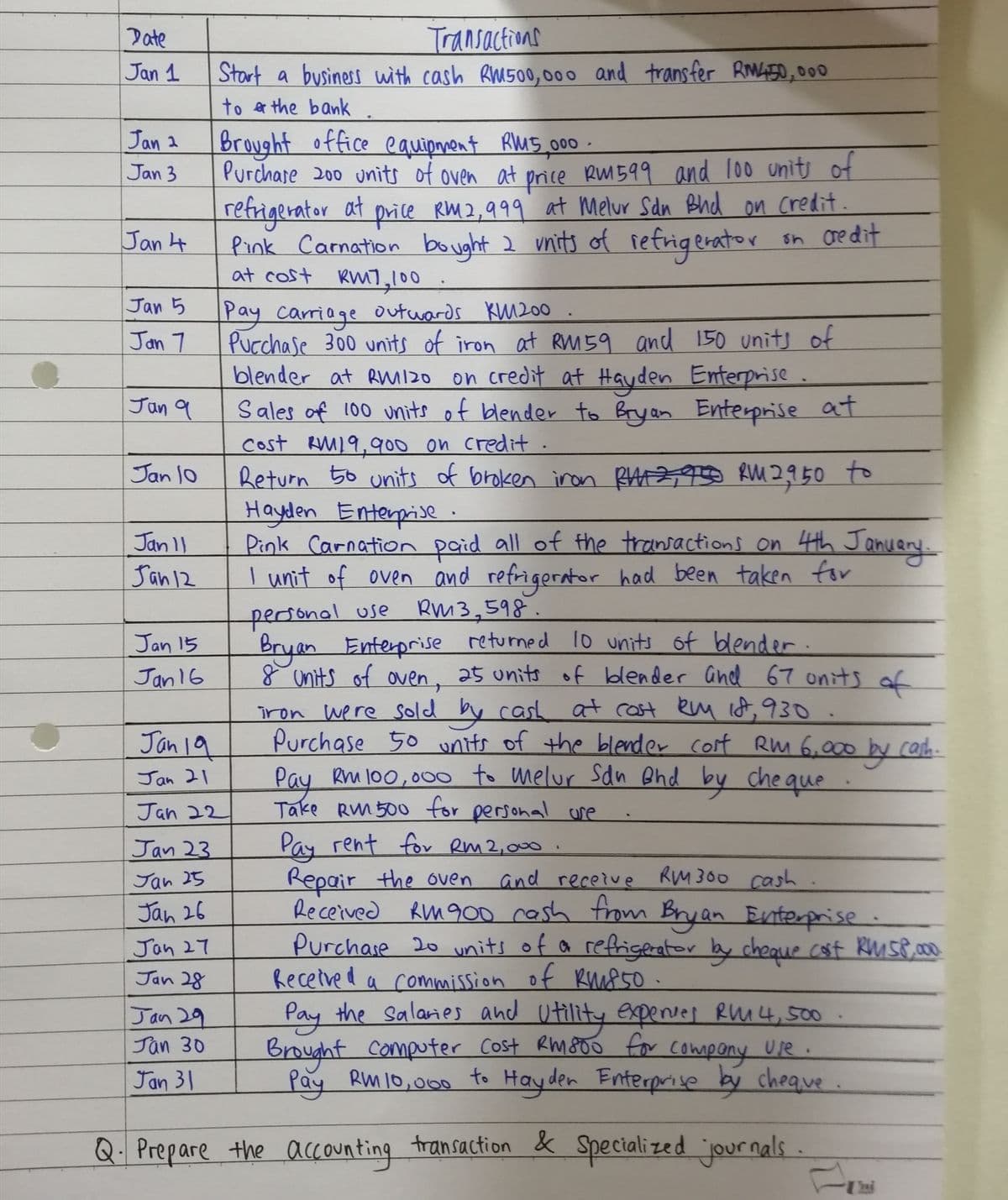 Date
Jan 1
Jan 2
Jan 3
Jan 4
Jan 5
Jan 7
Jan 9
Jan 10
Jan 11
Jan 12
Jan 15
Jan 16
Jan 23
Jan 25
Jan 26
Jan 19
Jan 21
Jan 22
Jan 27
Jan 28
Transactions
Start a business with cash RM500,000 and transfer RM450,000
to the bank
Brought office equipment RM5,000
Purchase 200 units of oven at price RM1599 and 100 units of
refrigerator at price RM2,999 at Melur Sdn Bhd on credit.
Pink Carnation bought 2 units of refrigerator
at cost RM7,100
on credit
Jan 29
Jan 30
Jan 31
Pay carriage outwards KM200
Purchase 300 units of iron at RM59 and 150 units of
blender at RM120 on credit at Hayden Enterprise
Sales of 100 units of blender to Bryan Enterprise at
cost RM19, 900 on credit.
Return 50 units of broken iron RM250 RM 2,950 to
Hayden Enterprise.
Pink Carnation paid all of the transactions on 4th January...
I unit of oven and refrigerator had been taken for
RM3,598.
personal use
Bryan Enterprise returned 10 units of blender.
8 units of oven, 25 units of blender and 67 units of
Tron were sold by cash at cost RM 1A, 930.
Purchase 50 units of the blender cost RM 6,000 by cash.
Pay Rm 100,000 to melur Sdn Bhd by cheque
Take RM 500 for personal use
Pay rent for RM 2,000.
Repair the oven and receive RM300 cash.
Received RM 900 cash
RM 900 cash from Bryan Enterprise
Purchase 20 units of a refrigerator by cheque cost RM 58,000.
Received a commission of KM850.
Pay the salaries and Utility experies RM 4,500.
Brought computer Cost RM800 for company use.
Pay RM 10,000 to Hayder Enterprise by cheque.
Q. Prepare the accounting transaction & Specialized journals.
F