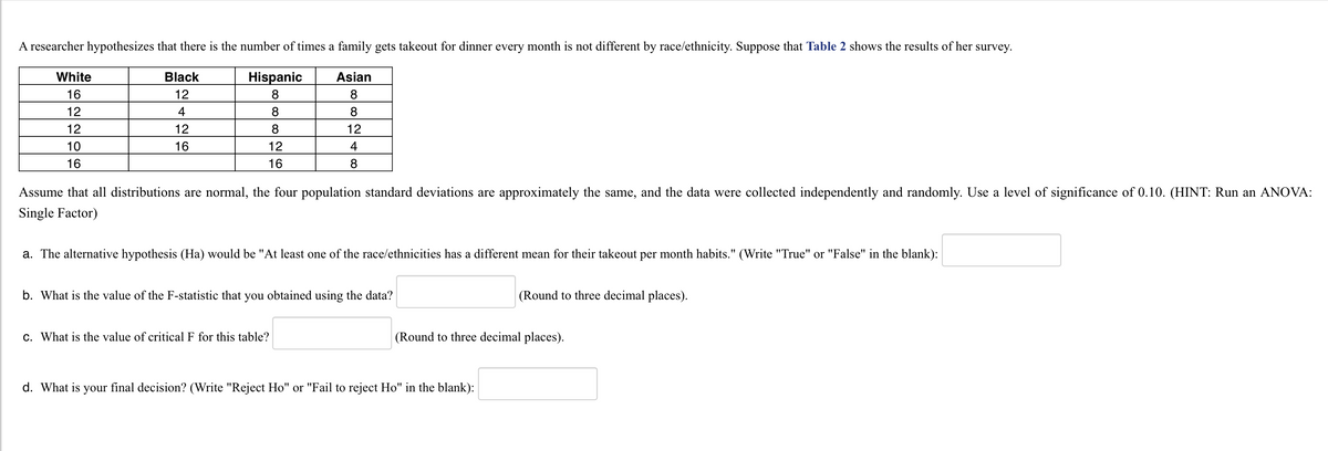 **Title: Analyzing Takeout Frequency by Ethnicity Using ANOVA**

A researcher hypothesizes that the number of times a family gets takeout for dinner every month is not different by race/ethnicity. Suppose that the following data shows the results of her survey:

**Table: Number of Times Families Get Takeout per Month by Ethnicity**
|          | White | Black | Hispanic | Asian |
|----------|-------|-------|----------|-------|
| **Family 1** | 16    | 12    | 8        | 8     |
| **Family 2** | 12    | 4     | 8        | 8     |
| **Family 3** | 12    | 12    | 12       | 12    |
| **Family 4** | 10    | 16    | 12       | 4     |
| **Family 5** | 16    | 16    | 8        | 8     |

Assume that all distributions are normal, the four population standard deviations are approximately the same, and the data were collected independently and randomly. Use a level of significance of 0.10. (HINT: Run an ANOVA: Single Factor)

1. The alternative hypothesis (Ha) would be "At least one of the race/ethnicities has a different mean for their takeout per month habits." (Write "True" or "False" in the blank): ____________________

2. What is the value of the F-statistic that you obtained using the data? _____________________ (Round to three decimal places).

3. What is the value of the critical F for this table? _____________________ (Round to three decimal places).

4. What is your final decision? (Write "Reject Ho" or "Fail to reject Ho" in the blank): ____________________

---

**Explanation:**

In this exercise, we are looking to see whether the frequency of takeout dinners differs significantly by race/ethnicity using an ANOVA test. The given data shows the number of times five families from different ethnic backgrounds order takeout each month. By performing an ANOVA test, we can determine if there is a statistically significant difference in means across these groups.

**Steps to Perform ANOVA:**
- Calculate the mean number of takeouts for each ethnicity.
- Compute the overall mean.
- Calculate the Sum of Squares Between Groups (SSB) and