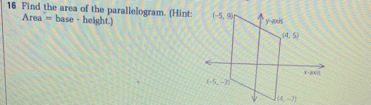 16 Find the area of the parallelogram. (Hint:
base height.)
(-5, 9)N
y-axis
Area
(4, 5)
X-axis
(-5,-3)
