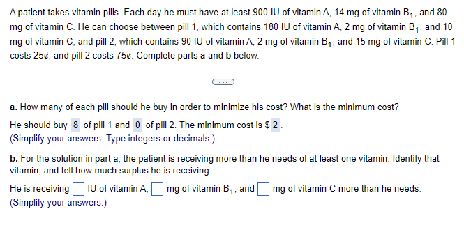 A patient takes vitamin pills. Each day he must have at least 900 IU of vitamin A, 14 mg of vitamin B₁, and 80
mg of vitamin C. He can choose between pill 1, which contains 180 IU of vitamin A, 2 mg of vitamin B₁, and 10
mg of vitamin C, and pill 2, which contains 90 IU of vitamin A, 2 mg of vitamin B₁, and 15 mg of vitamin C. Pill 1
costs 25¢, and pill 2 costs 75¢. Complete parts a and b below.
a. How many of each pill should he buy in order to minimize his cost? What is the minimum cost?
He should buy 8 of pill 1 and 0 of pill 2. The minimum cost is $ 2.
(Simplify your answers. Type integers or decimals.)
b. For the solution in part a, the patient is receiving more than he needs of at least one vitamin. Identify that
vitamin, and tell how much surplus he is receiving.
mg of vitamin C more than he needs.
and
He is receiving IU of vitamin A, mg of vitamin B₁, a
(Simplify your answers.)