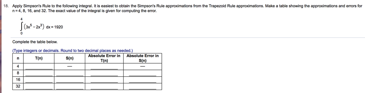 18. Apply Simpson's Rule to the following integral. It is easiest to obtain the Simpson's Rule approximations from the Trapezoid Rule approximations. Make a table showing the approximations and errors for
n = 4, 8, 16, and 32. The exact value of the integral is given for computing the error.
n
4
$ (3x³
0
Complete the table below.
(Type integers or decimals. Round to two decimal places as needed.)
Absolute Error in
T(n)
S(n)
T(n)
st
(3x5 - 2x³) dx = 1920
4
8
16
32
Absolute Error in
S(n)