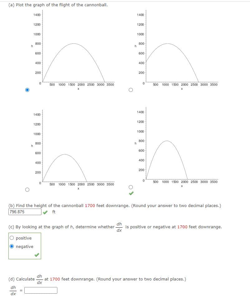 (a) Plot the graph of the flight of the cannonball.
1400
1400
1200
1200
1000
1000
800
800
600
600
400
400
200
200
500 1000 1500 2000 2500 3000 3500
500 1000 1500 2000 2500 3000 3500
1400
1400
1200
1200
1000
1000
800
800
600
600
400
400
200
200
500
1000 1500 2000 2500 3000 3500
500 1000 1500 2000 2500 3000 3500
(b) Find the height of the cannonball 1700 feet downrange. (Round your answer to two decimal places.)
796.875
ft
(c) By looking at the graph of h, determine whether -
dh
is positive or negative at 1700 feet downrange.
dx
positive
negative
dh
at 1700 feet downrange. (Round your answer to two decimal places.)
xp
(d) Calculate
4P
dx
