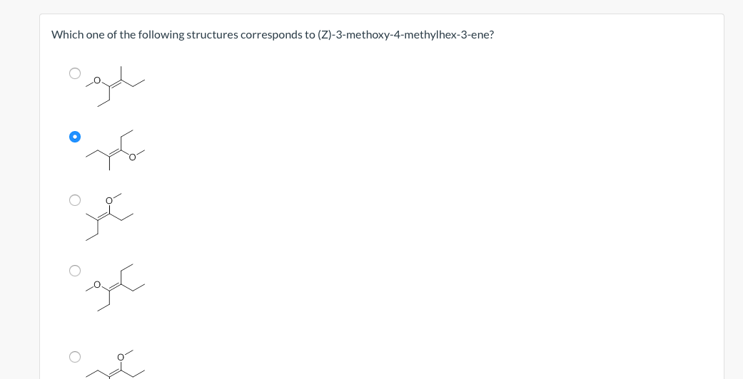 Which one of the following structures corresponds to (Z)-3-methoxy-4-methylhex-3-ene?
سلام
مکره
عد
سكرة
شد