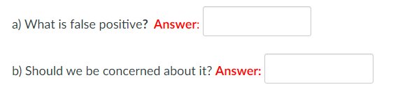 a) What is false positive? Answer:
b) Should we be concerned about it? Answer:
