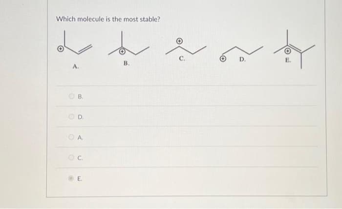 Which molecule is the most stable?
ہی ہو بہار میں
OD.
© A
OC
E.
B.
D.
E.