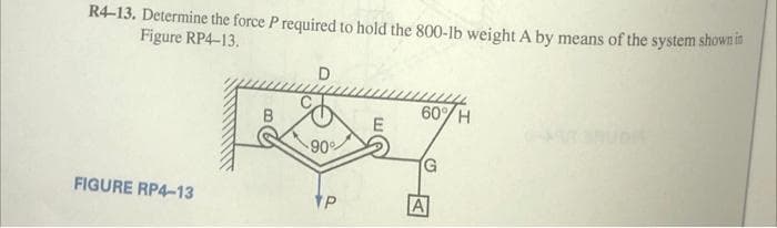 R4-13. Determine the force P required to hold the 800-lb weight A by means of the system shown
Figure RP4-13.
60 H
B.
90%
G,
FIGURE RP4-13
A
