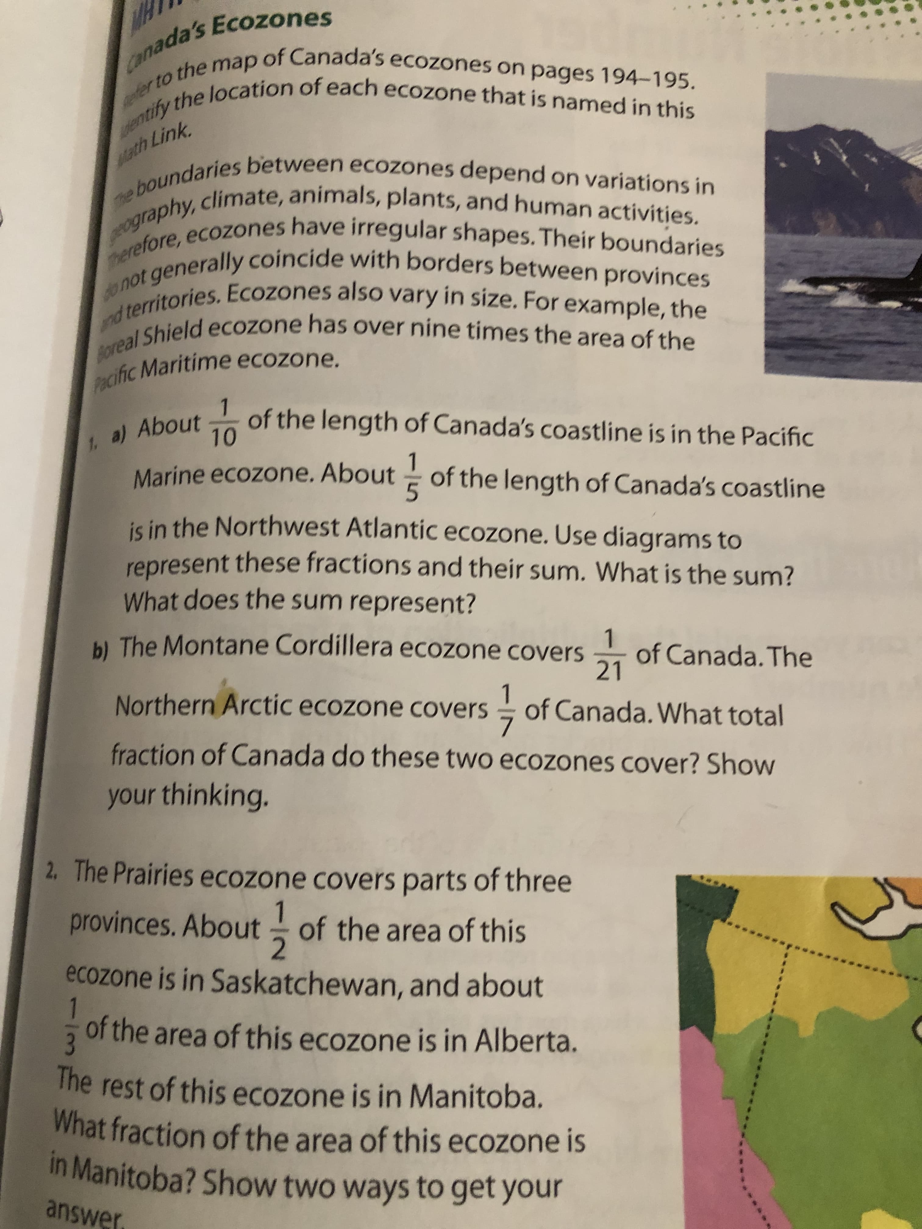 Pacific ecozone.
fer to the map of on 194-195.
entify the of that is in this
anada's Ecozones
tath Link
ific Maritime ecozone.
1, a) About
Marine ecozone. About of the length of Canada's coastline
1.
of the length of Canada's coastline is in the Pacific
is in the Northwest Atlantic ecozone. Use diagrams to
represent these fractions and their sum. What is the sum?
What does the sum represent?
b) The Montane Cordillera ecozone covers
1.
1 of Canada. The
21
Northern Arctic ecozone covers
- of Canada. What total
fraction of Canada do these two ecozones cover? Show
your thinking.
2. The Prairies ecozone covers parts of three
1.
provinces. About of the area of this
2.
ecozone is in Saskatchewan, and about
1
of the area of this ecozone is in Alberta.
The rest of this ecozone is in Manitoba.
in Manitoba? Show two ways to get your
answer,
