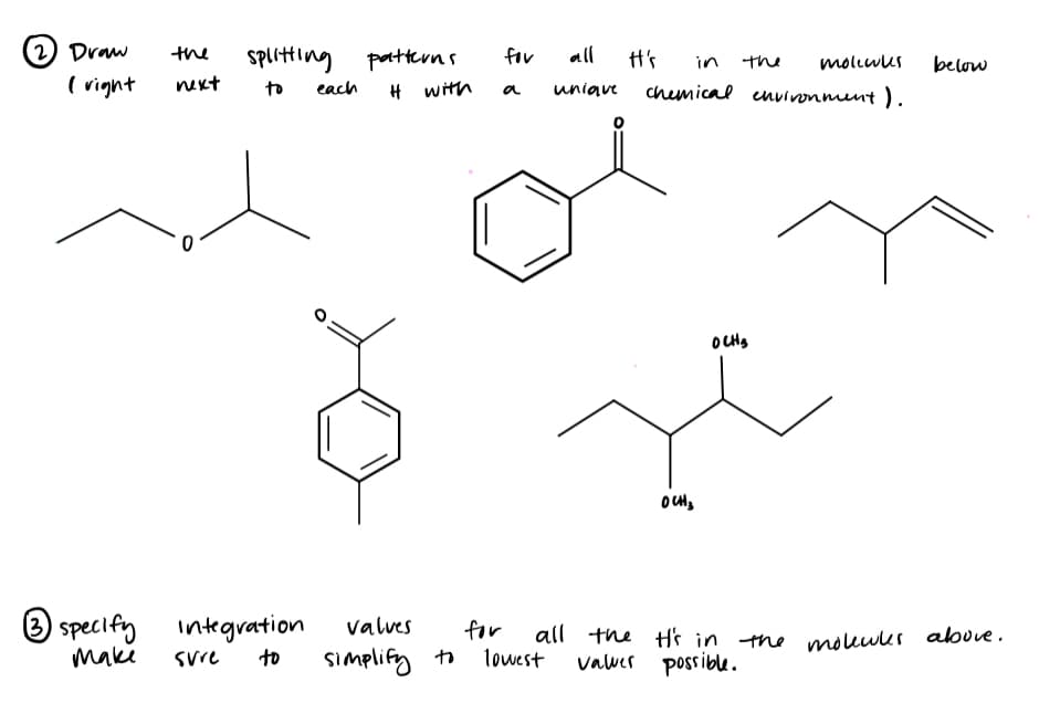 2 Draw the
(right
splitting
next to
O
each
patterns
H with
specify integration valves
такі sure to
simplify to
for
for
a
in
all It's
unique chemical environment).
lowest
OCH ₂
the
OCH₂
molecules
below
all the t's in the molecules above.
valuer possible.