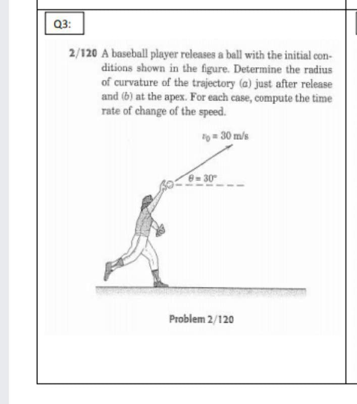 Q3:
2/120 A baseball player releases a ball with the initial con-
ditions shown in the figure. Determine the radius
of curvature of the trajectory (a) just after release
and (b) at the apex. For each case, compute the time
rate of change of the speed.
30 m/s
8=30
Problem 2/120
