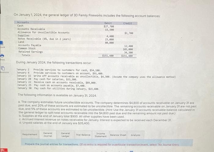 Book
Print
0
erences
Mc
On January 1, 2024, the general ledger of 3D Family Fireworks includes the following account balances:
Debit
$27,700
15,500
Accounts
Cash
Accounts Receivable
Allowance for Uncollectible Accounts
Supplies
Notes Receivable (6%, due in 2 years)
Land:
Accounts Payable
Common Stock
Retained Earnings
Totals
During January 2024, the following transactions occur.
January 2
January 6
January 15
January 20
January 22
Requirement
General
Journal
4,400
23,000
80,800
Provide services to customers for cash, $54,100.
Provide services to customers on account, $91,400.
Write off accounts receivable as uncollectible, $4,300. (Assume the company uses the allowance method)
Pay cash for salaries, $33,300.
Receive cash on accounts receivable, $89,000.
General
Ledger
January 25
January 30
Pay cash on accounts payable, $7,400.
Pay cash for utilities during January, $15,600.
The following information is available on January 31, 2024
a. The company estimates future uncollectible accounts. The company determines $4,800 of accounts receivable on January 31 are
past due, and 20% of these accounts are estimated to be uncollectible. The remaining accounts receivable on January 31 are not past
due, and 5% of these accounts are estimated to be uncollectible. (Hint Use the January 31 accounts receivable balance calculated in
the general ledger to split total accounts receivable into the $4,800 past due and the remaining amount not past due.)
b. Supplies at the end of January total $900. All other supplies have been used.
c Accrued interest revenue on notes receivable for January Interest is expected to be received each December 31.
d. Unpaid salaries at the end of January are $35,400.
Trial Balance
Credit
$1,700
12,400
103,000
34,300
$151,400 $151,400
Income
Statement
Balance Sheet
Analysis
Prepare the journal entries for transactions, (If no entry is required for a particular transaction/event, select "No Journal Entry