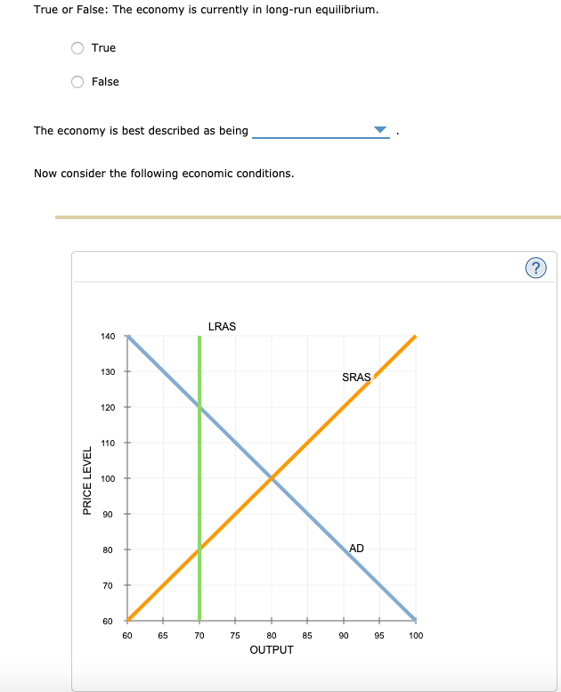 True or False: The economy is currently in long-run equilibrium.
True
False
The economy is best described as being
Now consider the following economic conditions.
LRAS
140
130
SRAS
120
110
100
90
80
AD
70
60
60
65
70
75
80
85
90
95
100
OUTPUT
PRICE LEVEL
