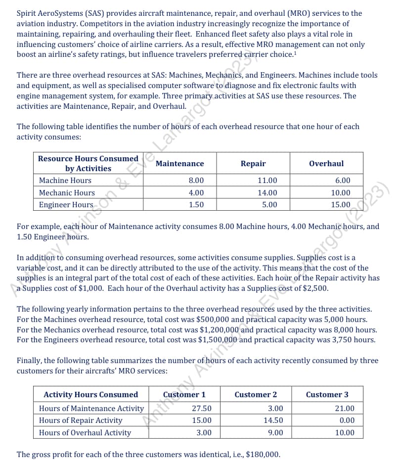 Spirit AeroSystems (SAS) provides aircraft maintenance, repair, and overhaul (MRO) services to the
aviation industry. Competitors in the aviation industry increasingly recognize the importance of
maintaining, repairing, and overhauling their fleet. Enhanced fleet safety also plays a vital role in
influencing customers' choice of airline carriers. As a result, effective MRO management can not only
boost an airline's safety ratings, but influence travelers preferred
There are three overhead resources at SAS: Machines, Mechanier choice.¹
and Engineers. Machines include tools
and equipment, as well as specialised computer software to diagnose and fix electronic faults with
engine management system, for example. Three primary activities at SAS use these resources. The
activities are Maintenance, Repair, and Overhaul.
The following table identifies the number of h
activity consumes:
Resource Hours Consumed
by Activities
Machine Hours
Mechanic Hours
Engineer Hours
of each overhead resource that one hour of each
hours.
Maintenance
8.00
4.00
1.50
Repair
11.00
14.00
5.00
For example, each hour of Maintenance activity consumes 8.00 Machine hours, 4.00 Mechanic hours, and
1.50 Engineer
wananching of Lafarge to
cost is a
In addition to consuming overhead resources, some activities consume supplies.
variable cost, and it can be directly attributed to the use of the activity. This means that the cost of the
supplies is an integral part of the total cost of each of these activities. Each hour of the Repair activity has
a Supplies cost of $1,000. Each hour of the Overhaul activity has a Supplies
omer 1
Activity Hours Consumed
Hours of Maintenance Activity
Hours of Repair Activity
Hours of Overhaul Activity
The gross profit for each of the three customers was identical, i.e., $180,000.
27.50
15.00
3.00
The following yearly information pertains to the three overhead
used by the three activities.
For the Machines overhead resource, total cost was $500,000 and practical capacity was 5,000 hours.
For the Mechanics overhead resource, total cost was $1,200,000 and practical capacity was 8,000 hours.
For the Engineers overhead resource, total cost was $1,500,000
and practical capacity was 3,750 hours.
Finally, the following table summarizes the number of hours of each activity recently consumed by three
customers for their aircrafts' MRO services:
Overhaul
6.00
10.00
15.00
Customer 2
3.00
14.50
9.00
Customer 3
21.00
0.00
10.00
Xxx stov Arborn 000 org23)