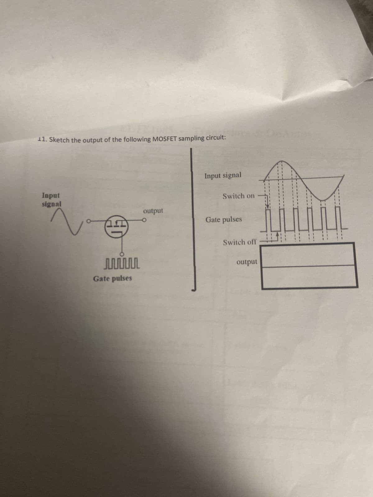 11. Sketch the output of the following MOSFET sampling circuit:
Input
signal
Z
PFF
w
Gate pulses
output
Input signal
Switch on
Gate pulses
Switch off
output
f
M