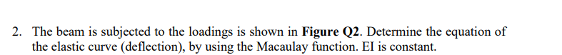 2. The beam is subjected to the loadings is shown in Figure Q2. Determine the equation of
the elastic curve (deflection), by using the Macaulay function. EI is constant.
