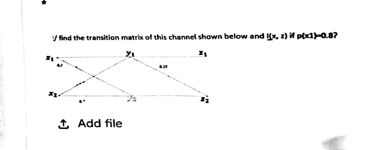 find the transition matrix of this channel shown below and 1(x, z) if p(x1)-0.8?
1 Add file
625