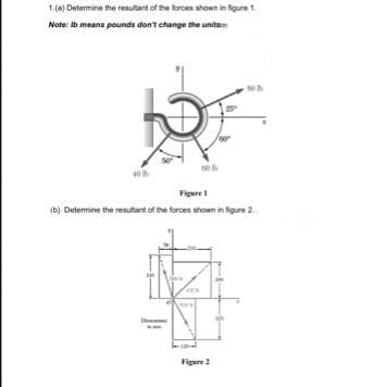 1.(a) Determine the resultant of the forces shown in figure 1.
Note: Ib means pounds don't change the unit
40%
Figure 1
(b). Determine the resultant of the forces shown in figure 2
Figure 2