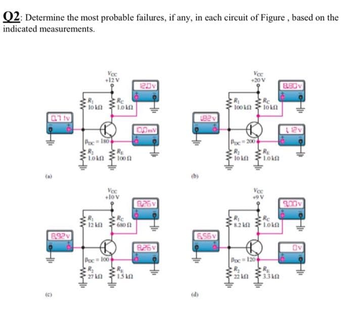 Q2: Determine the most probable failures, if any, in each circuit of Figure, based on the
indicated measurements.
Vec
Voc
+12V
+20 V
120v
880V
R₁
Re
100kf lokfl
10 11
3
8.92v
11
G
R₁
10 k
Poc 180
R₂
Lokfl
W
-w-li
12 k
Poc 100
R₂
27 k
w-li
Re
Lok
Voc
+lov
ww-li
R₁
100 f
Re
680 1
R
15 ԱՌ
HI
00mv
8.26
8.26
1₁
482
1011
ê
656v
HI
ww
Poc 200
R₂
10 kfl
w
w
ww-1
R₁
8.2 k
Poc 120c
R₂
22 kfl
Voc
R
Lokf
wi
Re
Lokf
3.3kf
HI
12v
9.00v
Ov
HE