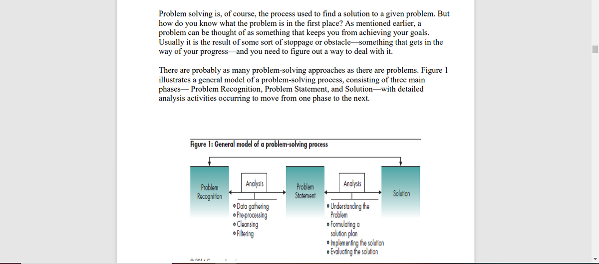 Problem solving is, of course, the process used to find a solution to a given problem. But
how do you know what the problem is in the first place? As mentioned earlier, a
problem can be thought of as something that keeps you from achieving your goals.
Usually it is the result of some sort of stoppage or obstacle-something that gets in the
way of your progress-and you need to figure out a way to deal with it.
There are probably as many problem-solving approaches as there are problems. Figure 1
illustrates a general model of a problem-solving process, consisting of three main
phases- Problem Recognition, Problem Statement, and Solution-with detailed
analysis activities occurring to move from one phase to the next.
Figure 1: General model of a problem-solving process
Analysis
Analysis
Problem
Recognition
Problem
Statement
Solution
• Data gathering
o Preprocessing
• Cleansing
o Filtering
o Understanding the
Problem
o Formulating a
solution plan
o Implementing the solution
o Evaluating the solution
