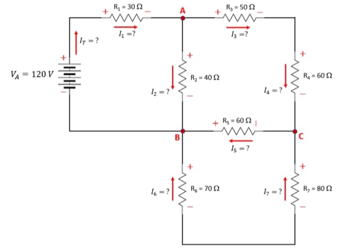 R, = 30 2
R3 = 50 N
A
1 =?
Iz =?
I7 =?
VA = 120 V
R2 = 40 2
R = 60 2
2 = ?
14 = ?
+ Rg = 60 2
B
Is =?
16 =?
R = 70 2
R, = 80 N
