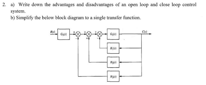 2. a) Write down the advantages and disadvantages of an open loop and close loop control
system.
b) Simplify the below block diagram to a single transfer function.
R(s)
G6)
G(s)
Cs)
H(s)
Hyls)
