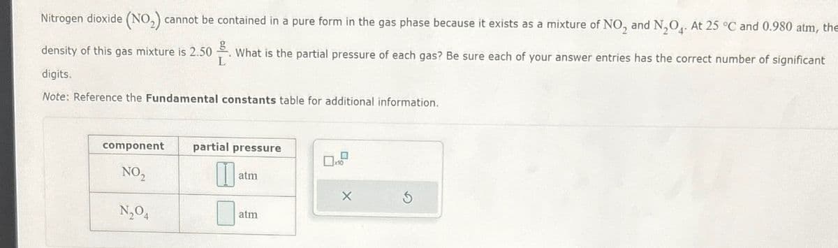 Nitrogen dioxide (NO₂) cannot be contained in a pure form in the gas phase because it exists as a mixture of NO₂ and N₂O4. At 25 °C and 0.980 atm, the
density of this gas mixture is 2.50. What is the partial pressure of each gas? Be sure each of your answer entries has the correct number of significant
digits.
L
Note: Reference the Fundamental constants table for additional information.
component
NO₂
N₂O4
partial pressure
D
atm
atm
0
x10
X
S