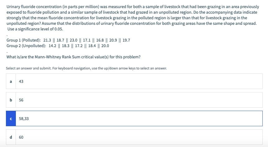 Urinary fluoride concentration (in parts per million) was measured for both a sample of livestock that had been grazing in an area previously
exposed to fluoride pollution and a similar sample of livestock that had grazed in an unpolluted region. Do the accompanying data indicate
strongly that the mean fluoride concentration for livestock grazing in the polluted region is larger than that for livestock grazing in the
unpolluted region? Assume that the distributions of urinary fluoride concentration for both grazing areas have the same shape and spread.
Use a significance level of 0.05.
Group 1 (Polluted): 21.3 || 18.7 || 23.0 || 17.1 || 16.8 || 20.9 || 19.7
Group 2 (Unpolluted): 14.2 || 18.3 || 17.2 || 18.4 || 20.0
What is/are the Mann-Whitney Rank Sum critical value(s) for this problem?
Select an answer and submit. For keyboard navigation, use the up/down arrow keys to select an answer.
a
43
b 56
n
58,33
d 60