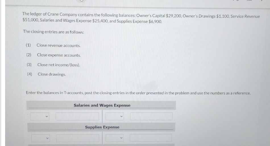 The ledger of Crane Company contains the following balances: Owner's Capital $29,200, Owner's Drawings $1,100, Service Revenue
$51,000, Salaries and Wages Expense $25,400, and Supplies Expense $6,900.
The closing entries are as follows:
(1) Close revenue accounts.
(2) Close expense accounts.
(3)
Close net income/(loss).
Close drawings.
(4)
Enter the balances in T-accounts, post the closing entries in the order presented in the problem and use the numbers as a reference.
Salaries and Wages Expense
Supplies Expense