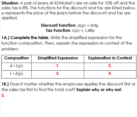 Situation: A pair of jeans at KDNickel's are on sale for 10% off and the
sales tax is 8%. The functions for the discount and tax are listed below.
p represents the price of the jeans before the discount and tax are
applied.
Discount Function: d(p) = 0.9p
Tax Function: t(p) = 1.08p
1A.) Complete the table. Write the simplified expression for the
function composition. Then, explain the expression in context of the
problem.
Composition
Simplified Expression
Explanation in Context
do t(p)
1.
2.
to d(p)
3.
4.
1B.) Does it matter whether the employee applies the discount first or
the sales tax first to find the total cost? Explain why or why not.
5.
