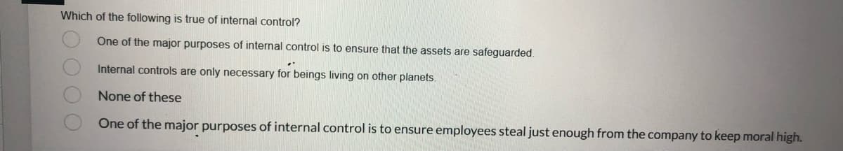 Which of the following is true of internal control?
One of the major purposes of internal control is to ensure that the assets are safeguarded.
Internal controls are only necessary for beings living on other planets.
None of these
One of the major purposes of internal control is to ensure employees steal just enough from the company to keep moral high.
40 000