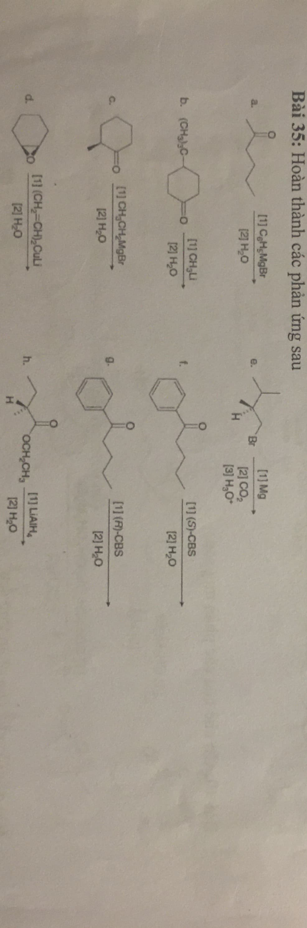 Bài 35: Hoàn thành các phản ứng sau
[1] CHMgBr
[1] Mg
a.
e.
Br
[2] CO,
[3] H,O*
[2] H,0
[1] CH,LI
[1] (S)-CBS
b. (CH)C-
f.
[2] H,O
[2] H,0
[1] CH,CH MgBr
[1] (R)-CBS
g.
12] H2O
[2] H2O
[1] (CH,-CH),CuLI
[1] LIAIH
d.
h.
OCH,CH3
[2] H2O
[2] H,0
