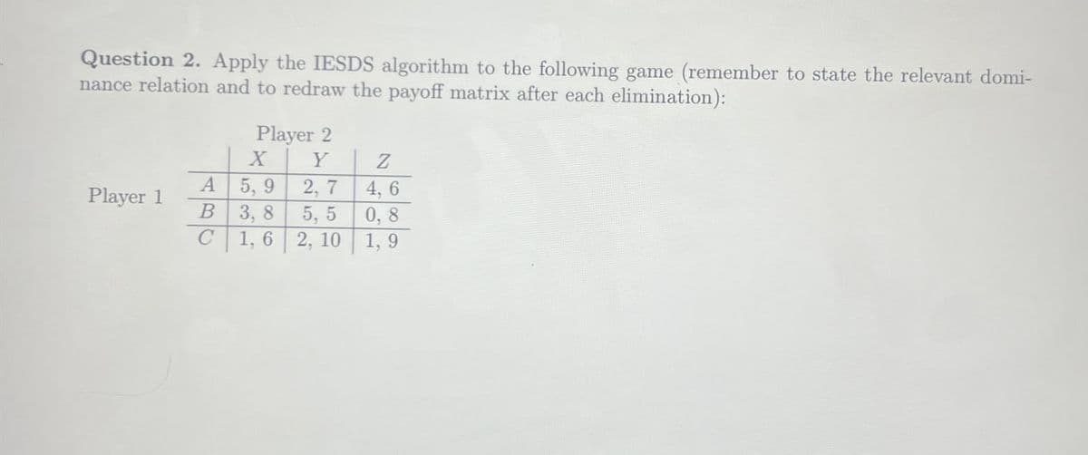 Question 2. Apply the IESDS algorithm to the following game (remember to state the relevant domi-
nance relation and to redraw the payoff matrix after each elimination):
Player 2
X
Y
Z
A
5,9
Player 1
2,7
4,6
B
3, 8
5, 5
0, 8
C
1,6
2, 10
1,9