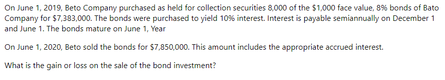 On June 1, 2019, Beto Company purchased as held for collection securities 8,000 of the $1,000 face value, 8% bonds of Bato
Company for $7,383,000. The bonds were purchased to yield 10% interest. Interest is payable semiannually on December 1
and June 1. The bonds mature on June 1, Year
On June 1, 2020, Beto sold the bonds for $7,850,000. This amount includes the appropriate accrued interest.
What is the gain or loss on the sale of the bond investment?
