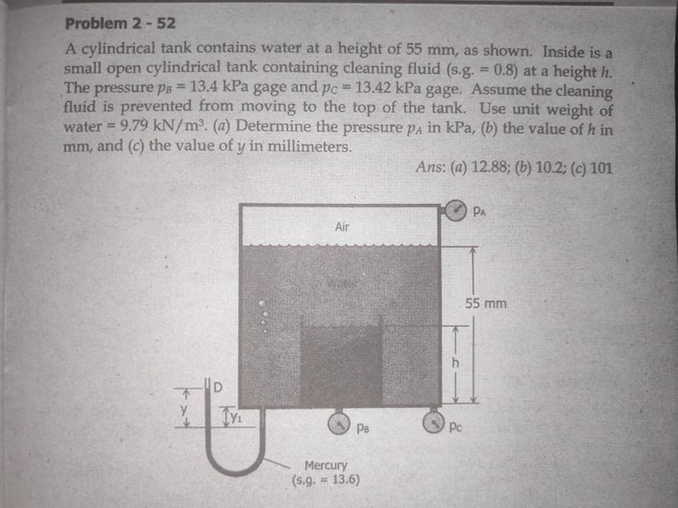 Problem 2- 52
A cylindrical tank contains water at a height of 55 mm, as shown. Inside is a
small open cylindrical tank containing cleaning fluid (s.g. 0.8) at a height h.
The pressure PB = 13.4 kPa gage and pc = 13.42 kPa gage. Assume the cleaning
fluid is prevented from moving to the top of the tank. Use unit weight of
water = 9.79 kN/m³. (a) Determine the pressure pPa in kPa, (b) the value of h in
mm, and (c) the value of y in millimeters.
%3D
%3D
Ans: (a) 12.88; (b) 10.2; (c) 101
PA
Air
Watl
55 mm
y.
P8
Pc
Mercury
(s.g. = 13.6)
