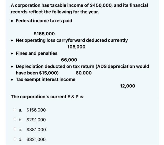 A corporation has taxable income of $450,000, and its financial
records reflect the following for the year.
• Federal income taxes paid
$165,000
• Net operating loss carryforward deducted currently
105,000
• Fines and penalties
66,000
• Depreciation deducted on tax return (ADS depreciation would
have been $15,000)
60,000
• Tax exempt interest income
The corporation's current E & P is:
a. $156,000
b.
$291,000.
c. $381,000.
Od. $321,000.
12,000