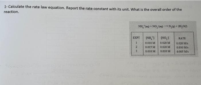 1- Calculate the rate law equation. Report the rate constant with its unit. What is the overall order of the
reaction.
NH,"(m) + NO, (ag) - NO + 2H,00)
EXPT
[NH,")
(NO,1
RATE
0.010 M
0.020 M
0.020 M/s
2.
0.015 M
0.020 M
0.030 M/s
3.
0.010 M
0.010 M
0.005 Ms
