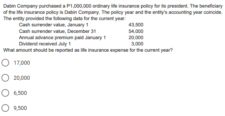 Dabin Company purchased a P1,000,000 ordinary life insurance policy for its president. The beneficiary
of the life insurance policy is Dabin Company. The policy year and the entity's accounting year coincide.
The entity provided the following data for the current year:
Cash surrender value, January 1
43,500
Cash surrender value, December 31
Annual advance premium paid January 1
Dividend received July 1
54,000
20,000
3,000
What amount should be reported as life insurance expense for the current year?
O 17,000
20,000
6,500
9,500
