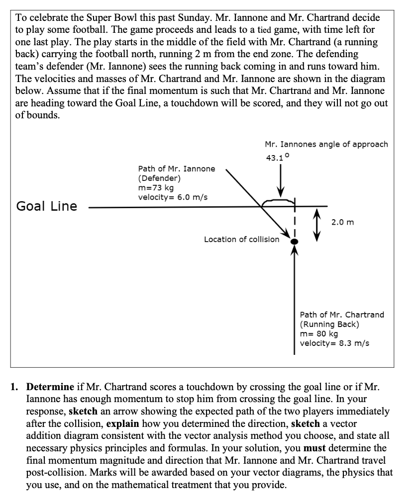 To celebrate the Super Bowl this past Sunday. Mr. Iannone and Mr. Chartrand decide
to play some football. The game proceeds and leads to a tied game, with time left for
one last play. The play starts in the middle of the field with Mr. Chartrand (a running
back) carrying the football north, running 2 m from the end zone. The defending
team's defender (Mr. Iannone) sees the running back coming in and runs toward him.
The velocities and masses of Mr. Chartrand and Mr. Iannone are shown in the diagram
below. Assume that if the final momentum is such that Mr. Chartrand and Mr. Iannone
are heading toward the Goal Line, a touchdown will be scored, and they will not go out
of bounds.
Path of Mr. Iannone
(Defender)
Mr. Iannones angle of approach
43.1°
m=73 kg
velocity 6.0 m/s
Goal Line
2.0 m
Location of collision
Path of Mr. Chartrand
(Running Back)
m= 80 kg
velocity= 8.3 m/s
1. Determine if Mr. Chartrand scores a touchdown by crossing the goal line or if Mr.
Iannone has enough momentum to stop him from crossing the goal line. In your
response, sketch an arrow showing the expected path of the two players immediately
after the collision, explain how you determined the direction, sketch a vector
addition diagram consistent with the vector analysis method you choose, and state all
necessary physics principles and formulas. In your solution, you must determine the
final momentum magnitude and direction that Mr. Iannone and Mr. Chartrand travel
post-collision. Marks will be awarded based on your vector diagrams, the physics that
you use, and on the mathematical treatment that you provide.
