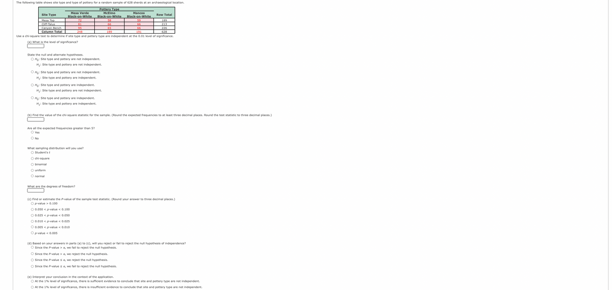 The following table shows site type and type of pottery for a random sample of 628 sherds at an archaeological location.
Pottery Type
Mesa Verde
MCElmo
Mancos
Site Type
Row Total
Black-on-White
72
81
Black-on-White
Black-on-White
Mesa Top
58
59
189
Cliff-Talus
66
66
213
Canyon Bench
95
65
66
226
Column Total
248
189
191
628
Use a chi-square test to determine if site type and pottery type are independent at the 0.01 level of significance.
(a) What is the level of significance?
State the null and alternate hypotheses.
O Ho: Site type and pottery are not independent.
H: Site type and pottery are not independent.
O Ho: Site type and pottery are not independent.
H: Site type and pottery are independent.
O Họ: Site type and pottery are independent.
H1: Site type and pottery are not independent.
O Ho: Site type and pottery are
H,: Site type and pottery are independent.
(b) Find the value of the chi-square statistic for the sample. (Round the expected frequencies to at least three decimal places. Round the test statistic to three decimal places.)
Are all the expected frequencies greater than 5?
O Yes
O No
What sampling distribution will you use?
O Student'st
O chi-square
O binomial
O uniform
O normal
What are the degrees of freedom?
(c) Find or estimate the P-value of the sample test statistic. (Round your answer to three decimal places.)
O p-value > 0.100
O 0.050 < p-value < 0.100
O 0.025 < p-value < 0.050
O 0.010 < p-value < 0.025
O 0.005 < p-value < 0.010
O p-value < 0.005
(d) Based on your answers in parts (a) to (c), will you reject or fail to reject the null hypothesis of independence?
O Since the P-value > a, we fail to reject the null hypothesis.
O Since the P-value > a, we reject the null hypothesis.
O Since the P-value s a, we reject the null hypothesis.
O Since the P-value s a, we fail to reject the null hypothesis.
(e) Interpret your conclusion in the context of the application.
O At the 1% level of significance, there is sufficient evidence to conclude that site and pottery type are not independent.
O At the 1% level of significance, there is insufficient evidence to conclude that site and pottery type are not independent.
