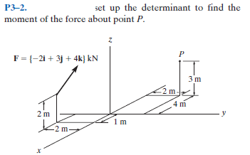 P3-2.
set up the determinant to find the
moment of the force about point P.
F={-21 + 3j + 4k} kN
3 m
Źm.
4 m
2 m
-2 m-
